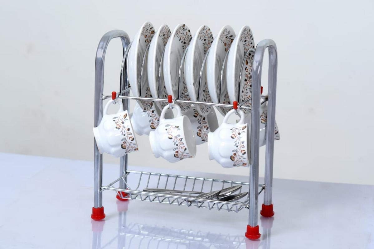 JASIWAY 17.51 in. Silver Stainless Steel 2-Tier Dish Rack Standing Drying Rack with Utensil Holder, Cup Holder