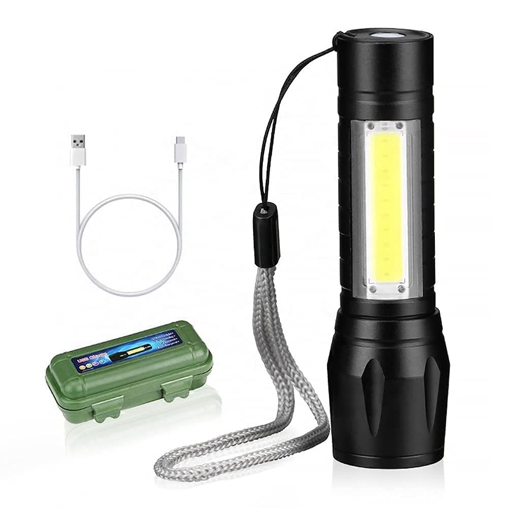Sarvatr Metal Usb Rechargeable Xpe+Cob Led Zoomable Flashlight Torch Lamp  Linternas Built In Battery With Usb Cable (Black : Rechargeable) - Sarvatr  Store